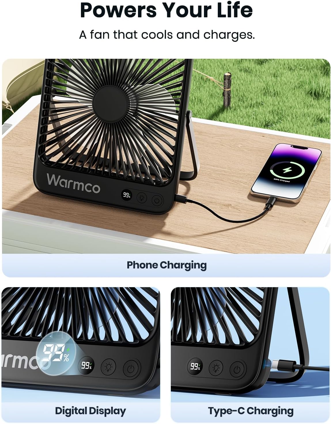Warmco D4 Battery Powered Camping Fan 20000mAh, LED Lantern