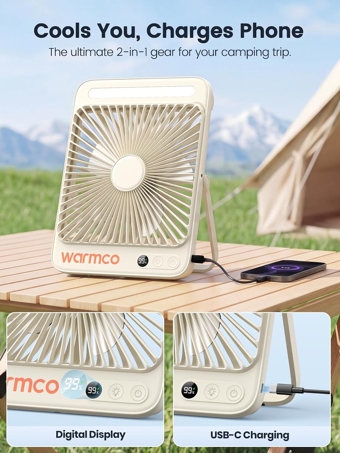 Warmco D4 Battery Powered Camping Fan 20000mAh, LED Lantern