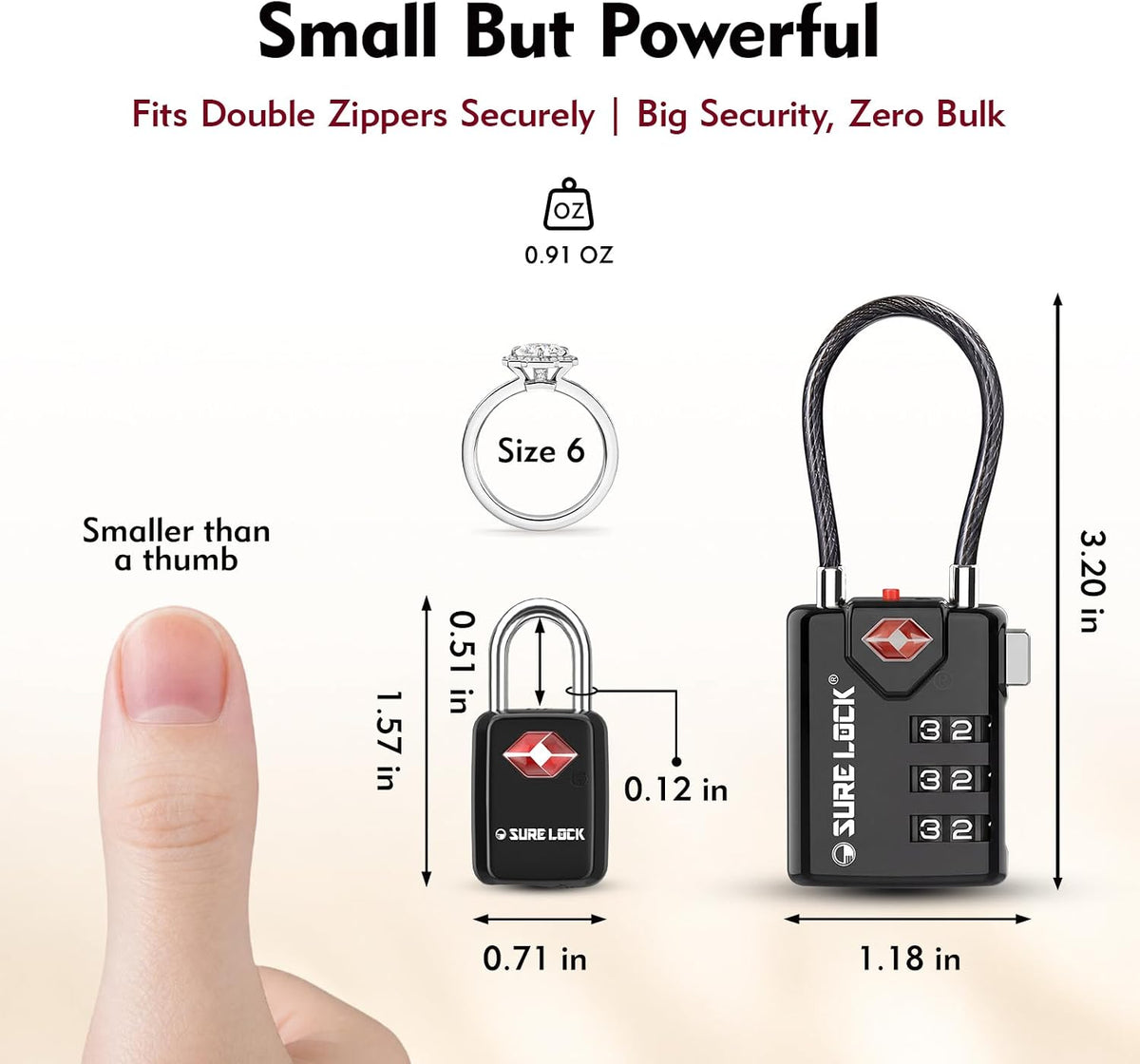 SURE LOCK Mini TSA Approved Keyed Luggage Lock – One Key Opens All, Fits Tight Zipper Gaps & Small Pull Holes, Compact Travel Lock for Suitcases, Backpacks & Handbags
