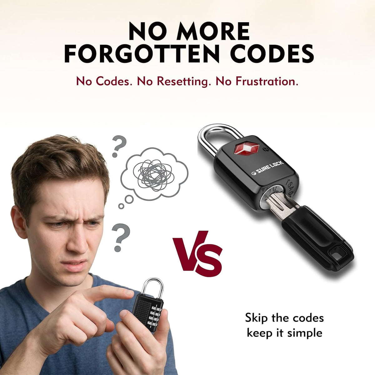 SURE LOCK Mini TSA Approved Keyed Luggage Lock – One Key Opens All, Fits Tight Zipper Gaps & Small Pull Holes, Compact Travel Lock for Suitcases, Backpacks & Handbags