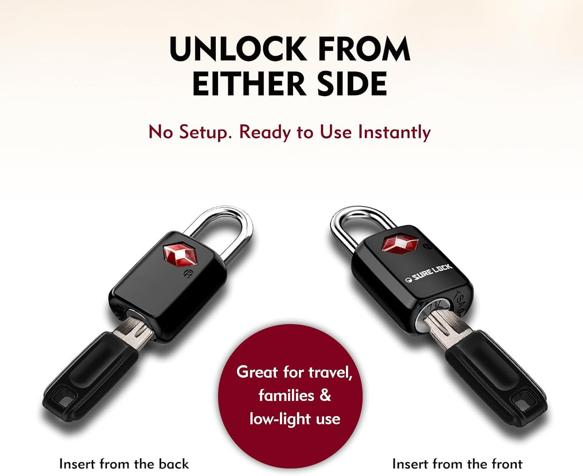 SURE LOCK Mini TSA Approved Keyed Luggage Lock – One Key Opens All, Fits Tight Zipper Gaps & Small Pull Holes, Compact Travel Lock for Suitcases, Backpacks & Handbags