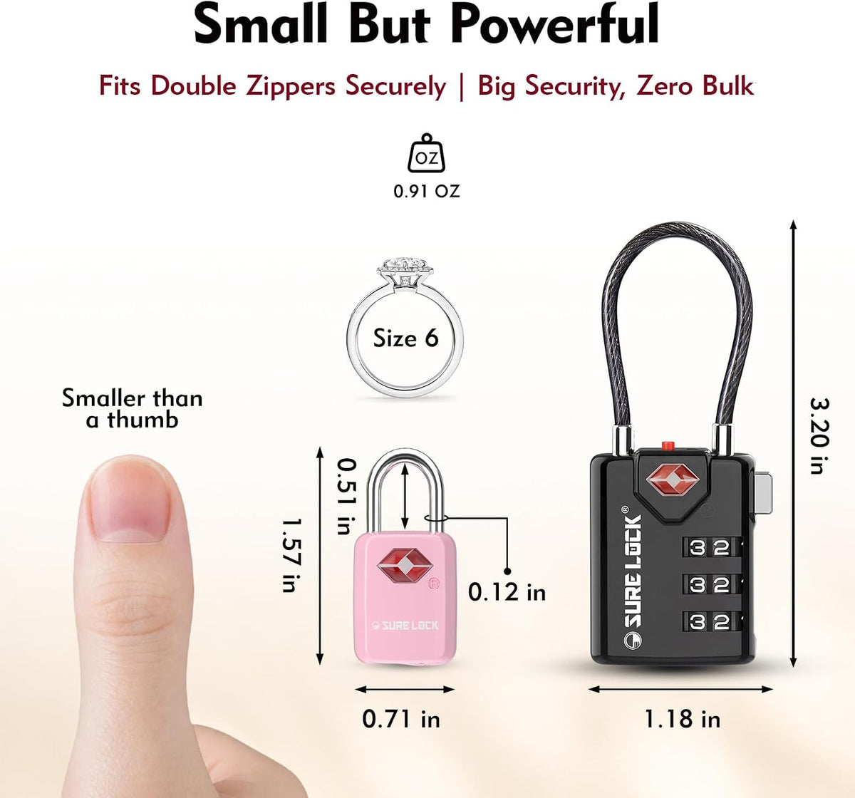 SURE LOCK Mini TSA Approved Keyed Luggage Lock – One Key Opens All, Fits Tight Zipper Gaps & Small Pull Holes, Compact Travel Lock for Suitcases, Backpacks & Handbags