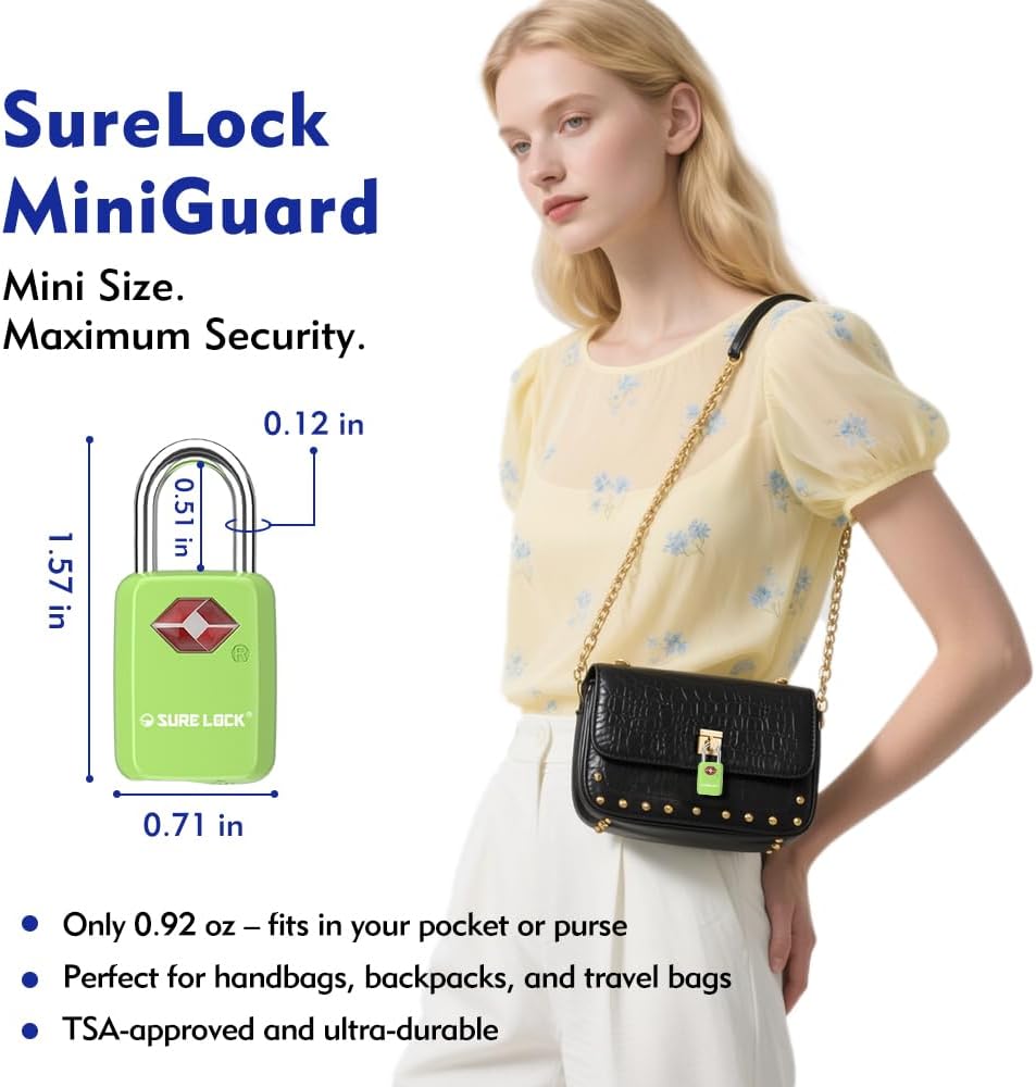 SURE LOCK Mini TSA Approved Keyed Luggage Lock – One Key Opens All, Fits Tight Zipper Gaps & Small Pull Holes, Compact Travel Lock for Suitcases, Backpacks & Handbags
