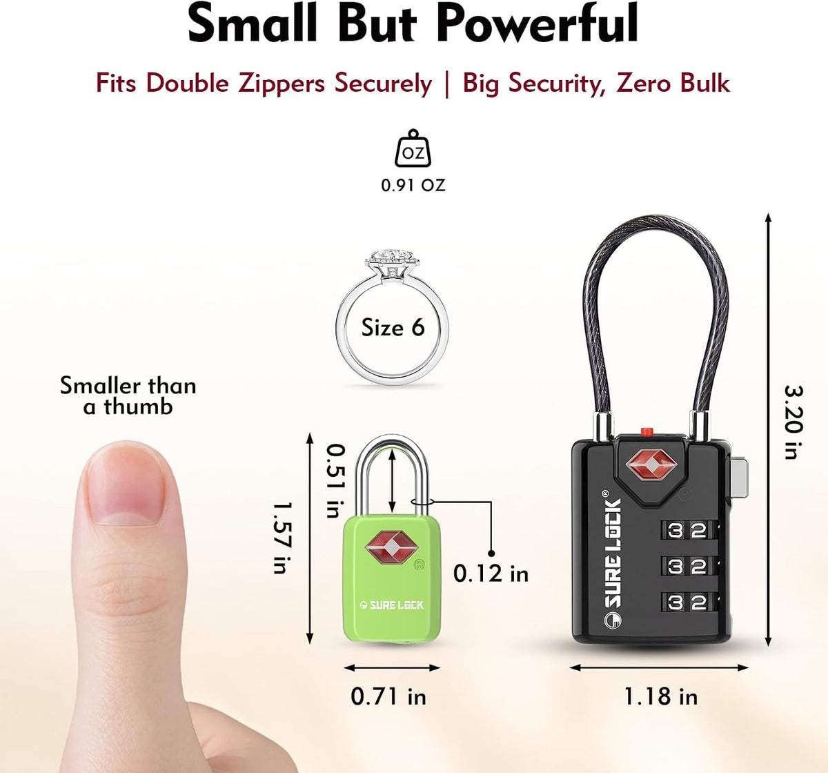 SURE LOCK Mini TSA Approved Keyed Luggage Lock – One Key Opens All, Fits Tight Zipper Gaps & Small Pull Holes, Compact Travel Lock for Suitcases, Backpacks & Handbags