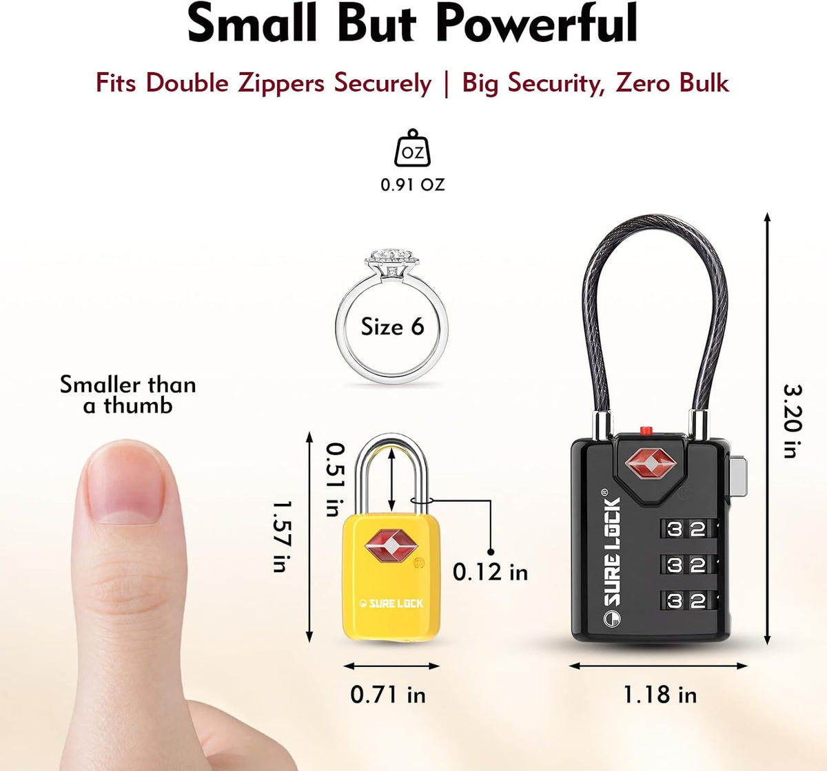 SURE LOCK Mini TSA Approved Keyed Luggage Lock – One Key Opens All, Fits Tight Zipper Gaps & Small Pull Holes, Compact Travel Lock for Suitcases, Backpacks & Handbags