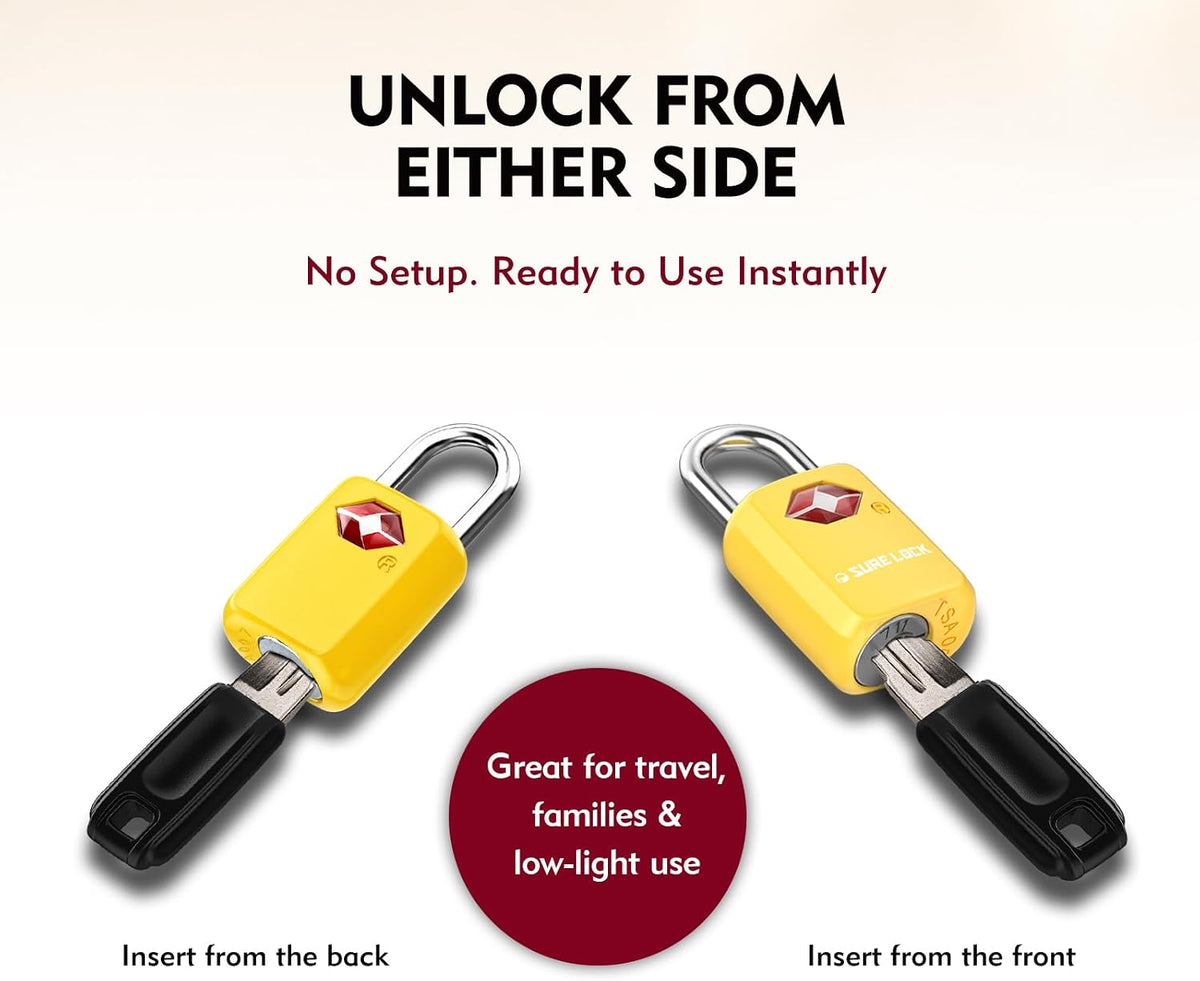 SURE LOCK Mini TSA Approved Keyed Luggage Lock – One Key Opens All, Fits Tight Zipper Gaps & Small Pull Holes, Compact Travel Lock for Suitcases, Backpacks & Handbags
