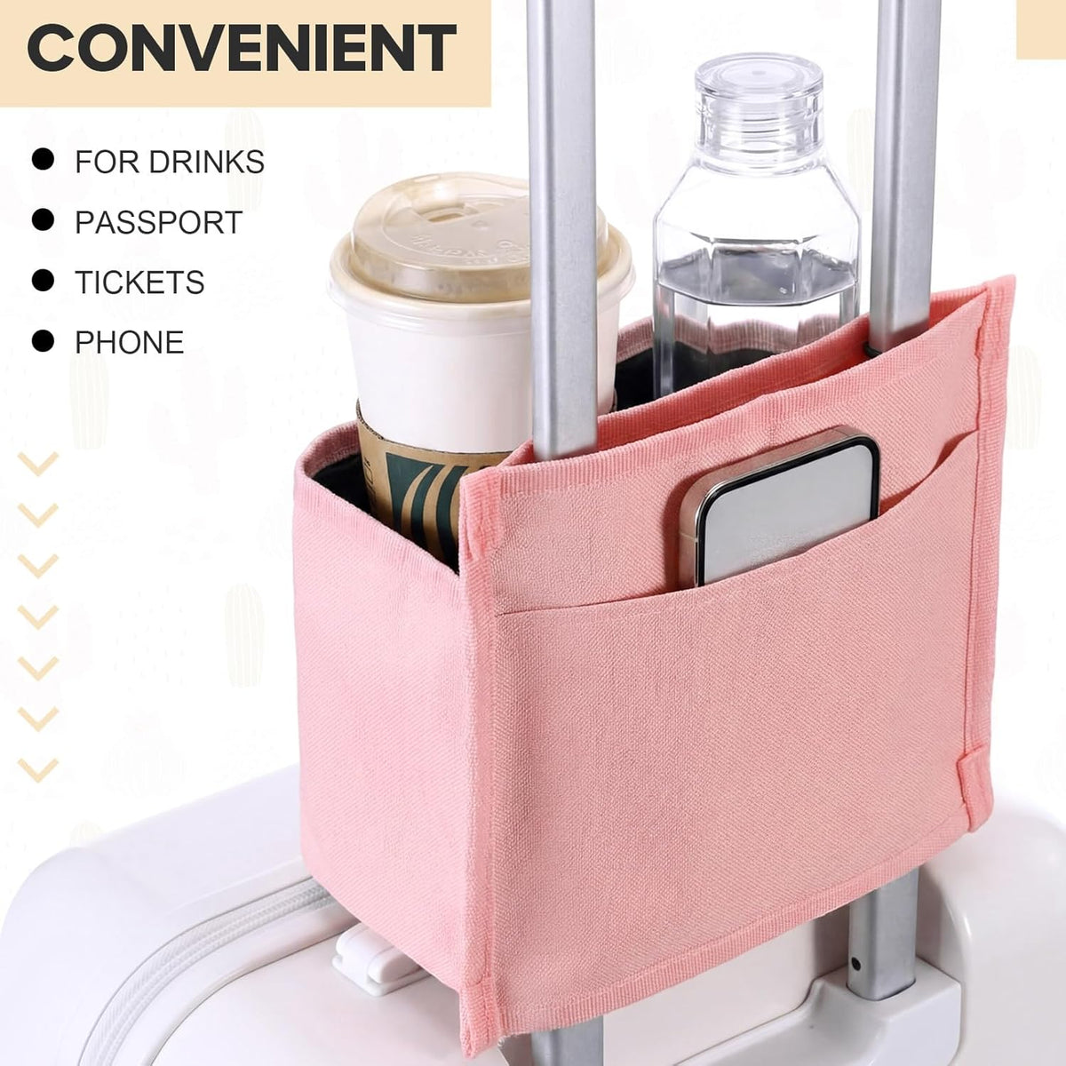 Luggage Travel Cup Holder Bag for Women, Suitcase Holds 2 Cups Hands-free Drink Organizer Attachment for Luggage, TravelGift for Female Travelers Flight Attendants(Pink)