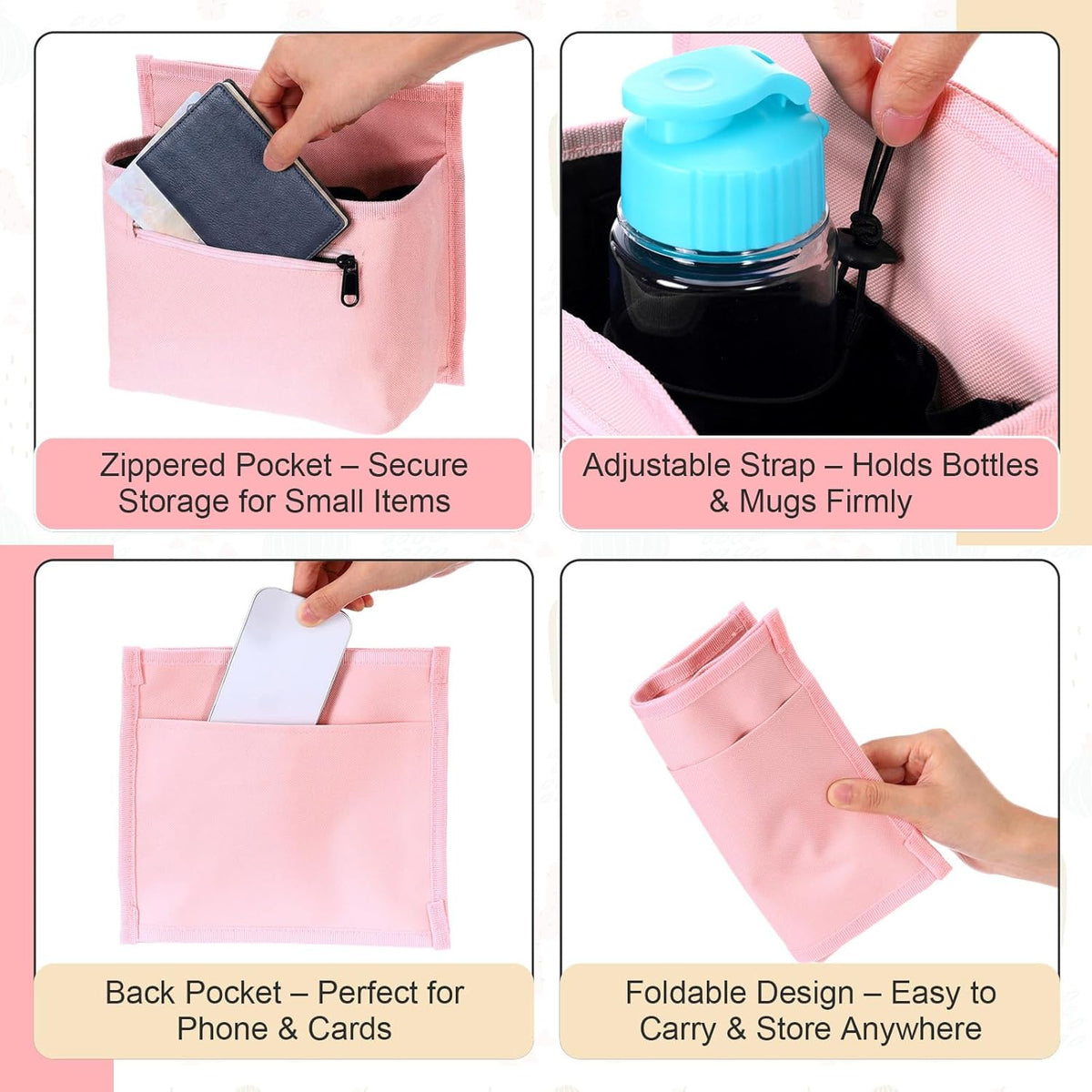 Luggage Travel Cup Holder Bag for Women, Suitcase Holds 2 Cups Hands-free Drink Organizer Attachment for Luggage, TravelGift for Female Travelers Flight Attendants(Pink)
