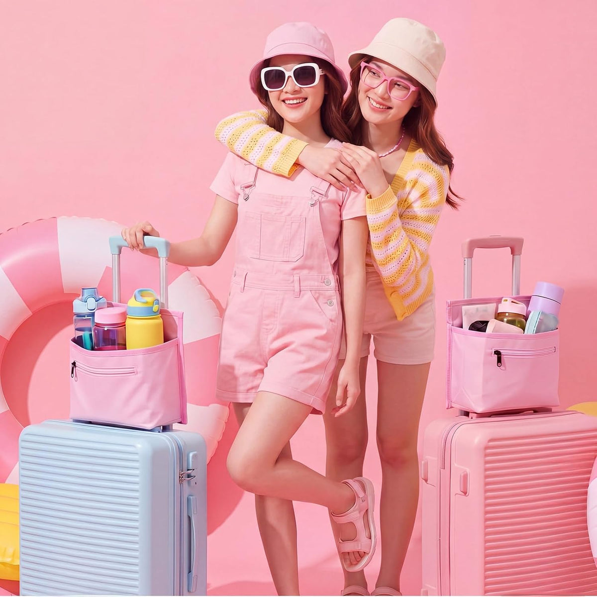 Luggage Travel Cup Holder Bag for Women, Suitcase Holds 2 Cups Hands-free Drink Organizer Attachment for Luggage, TravelGift for Female Travelers Flight Attendants(Pink)