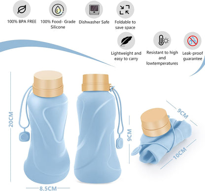 Collapsible Water Bottles,650ml,Leak Proof,Reuseable BPA Free Silicone Foldable Water Bottles,Durable Lightweight for Travel Gym Camping Hiking,Compact Size Portable Sports Water Bottle (Blue)