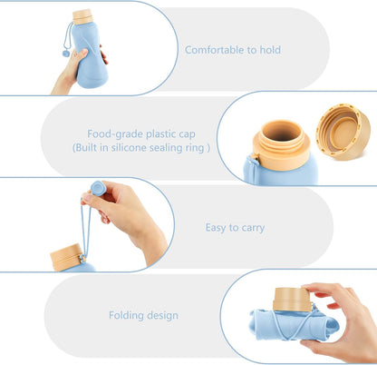 Collapsible Water Bottles,650ml,Leak Proof,Reuseable BPA Free Silicone Foldable Water Bottles,Durable Lightweight for Travel Gym Camping Hiking,Compact Size Portable Sports Water Bottle (Blue)