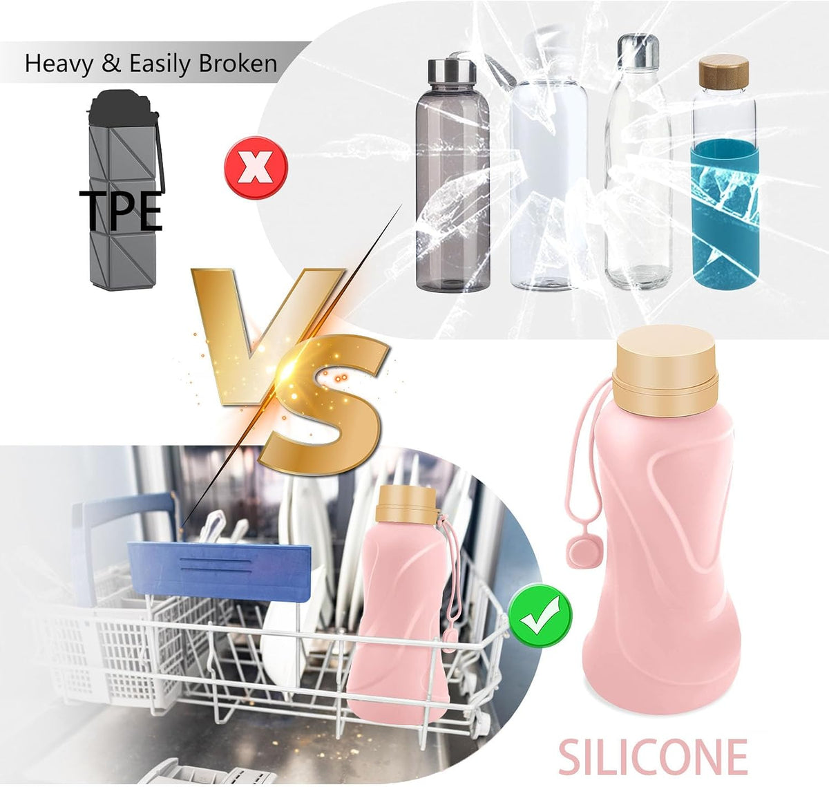 Collapsible Water Bottles,650ml,Leak Proof,Reuseable BPA Free Silicone Foldable Water Bottles,Durable Lightweight for Travel Gym Camping Hiking,Compact Size Portable Sports Water Bottle (Blue)
