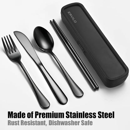 Travel Utensils with Case, Stainless Steel Portable Cutlery Set, Lunch Box Silverware for Work Camping Picnic, Reinforced Case with Snap-Lock Closure, Include Fork Spoon Knife Chopsticks, Rainbow