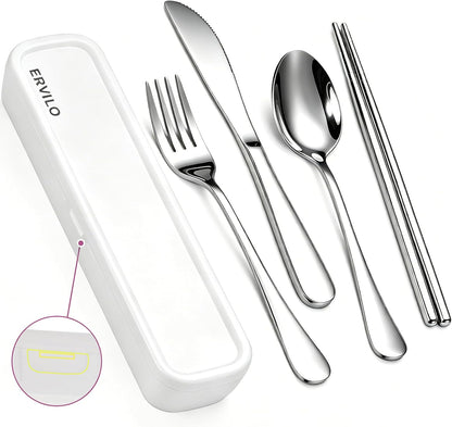 Travel Utensils with Case, Stainless Steel Portable Cutlery Set, Lunch Box Silverware for Work Camping Picnic, Reinforced Case with Snap-Lock Closure, Include Fork Spoon Knife Chopsticks, Rainbow