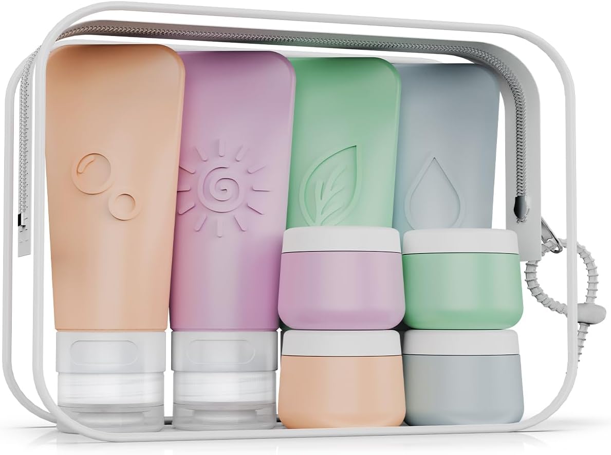16-Piece Silicone Travel Bottles Set – TSA Approved Leakproof Toiletry Kit with Flat Easy-Squeeze Bottles, Pump & Spray, Waterproof Bag