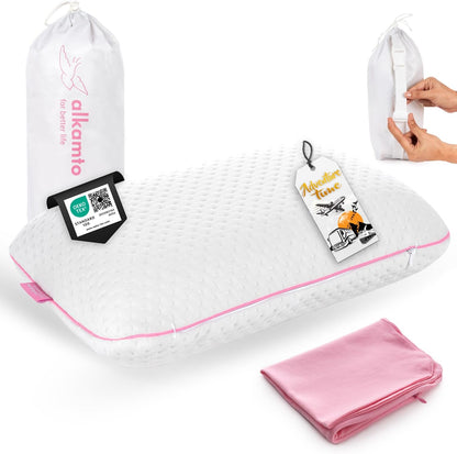 Travel & Camping Comfortable Memory Foam Pillow – Easy to Carry Portable Bag – Temperature Regulating Pillow Case
