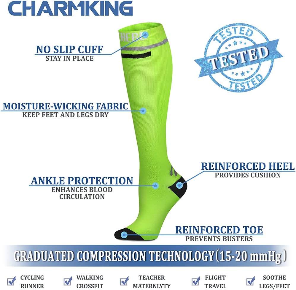 CHARMKING Compression Socks for Women & Men Circulation (8 Pairs) 15-20 mmHg Best Calf Socks Support for Athletic Cycling - Colors A