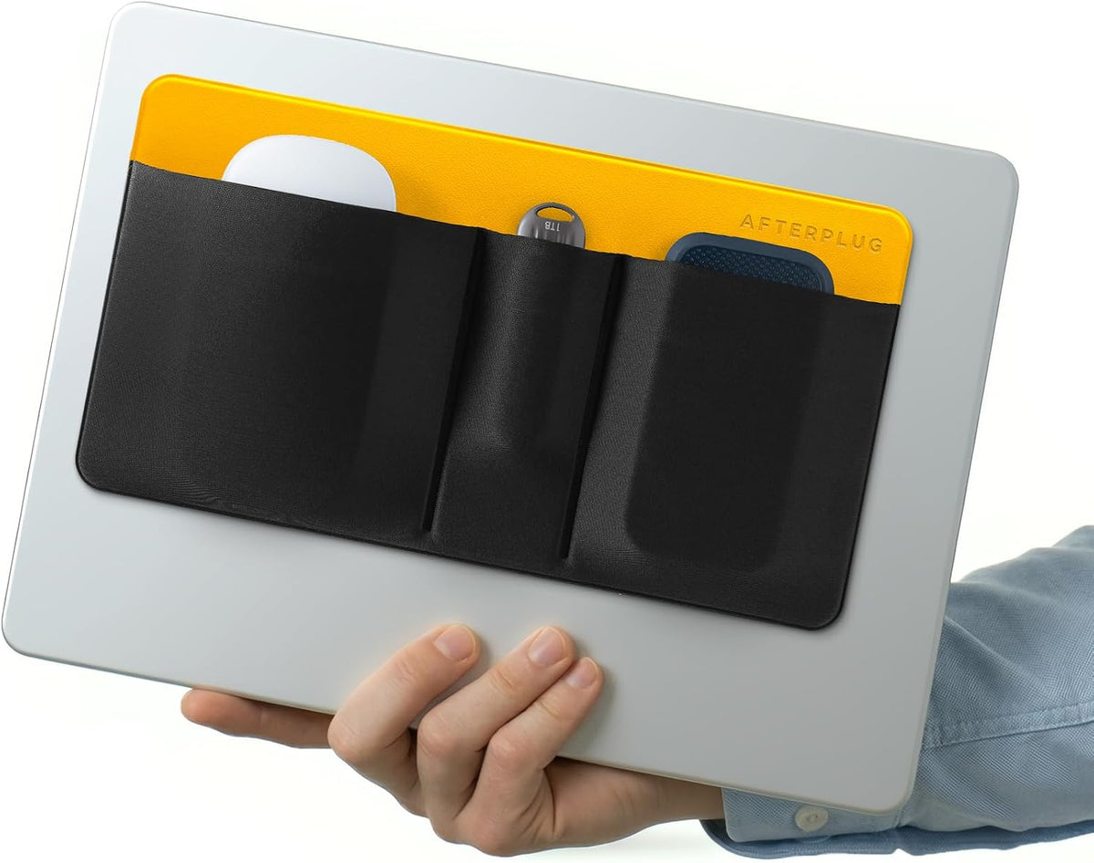 3-Pocket Adhesive Hard Drive Holder for Laptop | Stick-On Pouch for External SSD, HDD, Mouse and More - Black