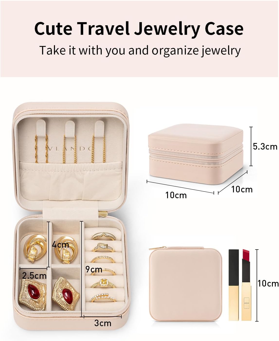 VLANDO Travel Jewelry Case - Bridesmaid Gifts for Women - Small Travel Jewelry Box, Mini Jewelry Organizer, Travel Essentials Gift for Teen Girl - Pink
