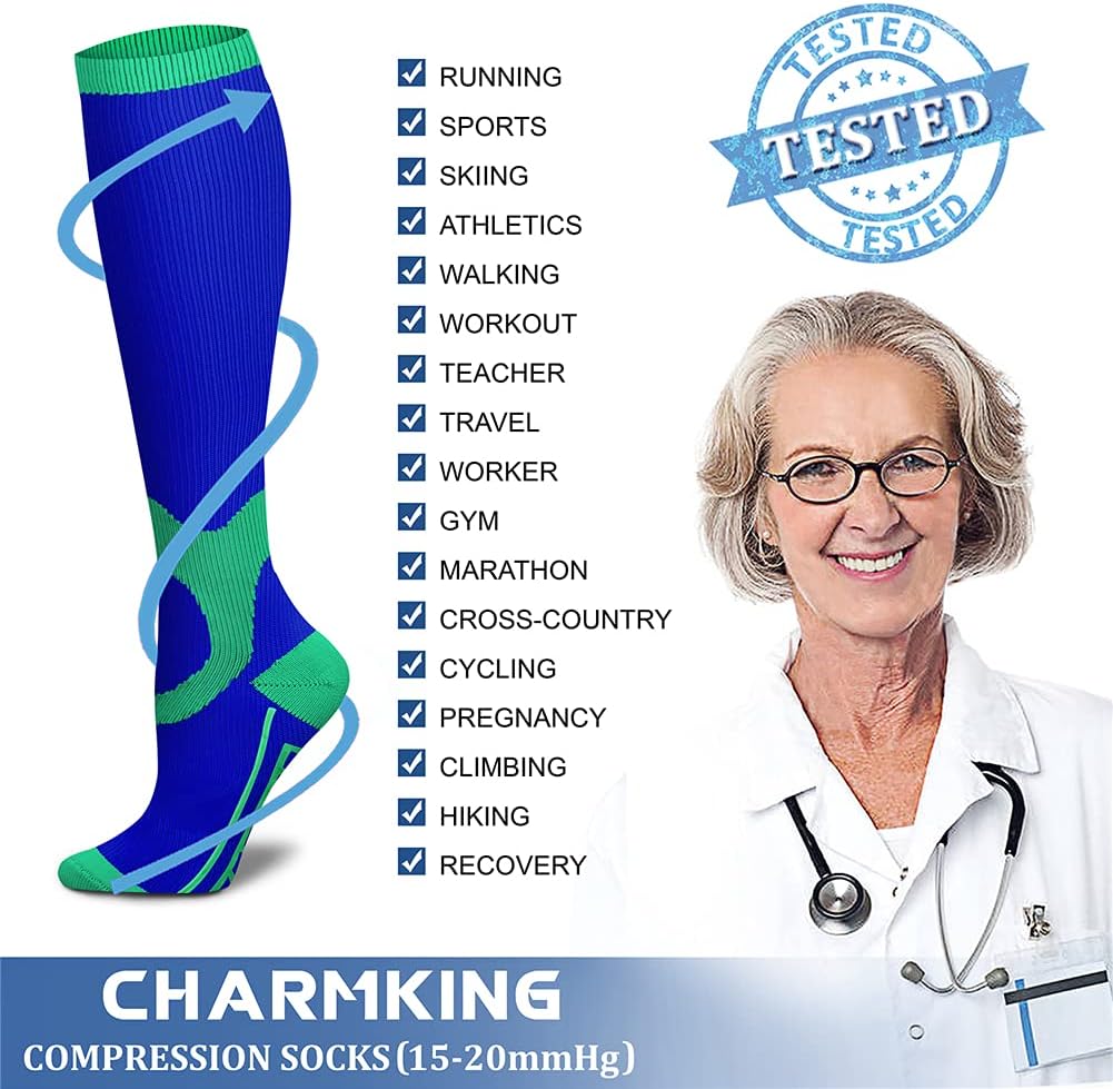 CHARMKING Compression Socks for Women & Men Circulation (3 Pairs) 15-20 mmHg is Best Support for Athletic Running Cycling
