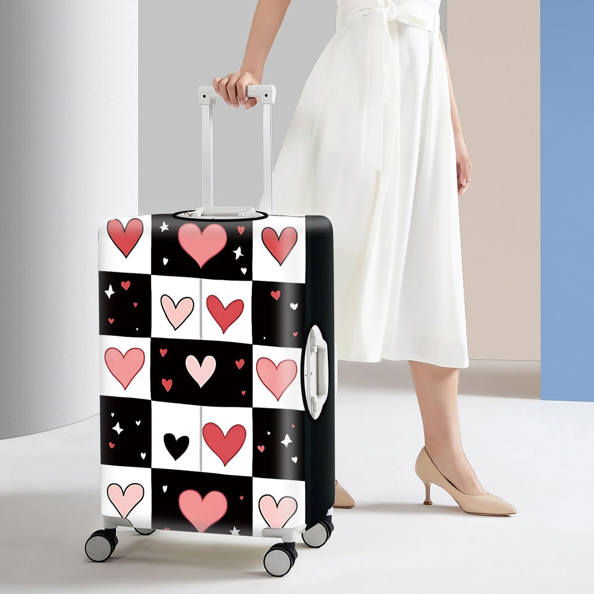 All Over Daisy Print Luggage Cover – Blue Suitcase Protector with White Floral Pattern, Washable Stretch Travel Case for 32-34 Inch Luggage,XL