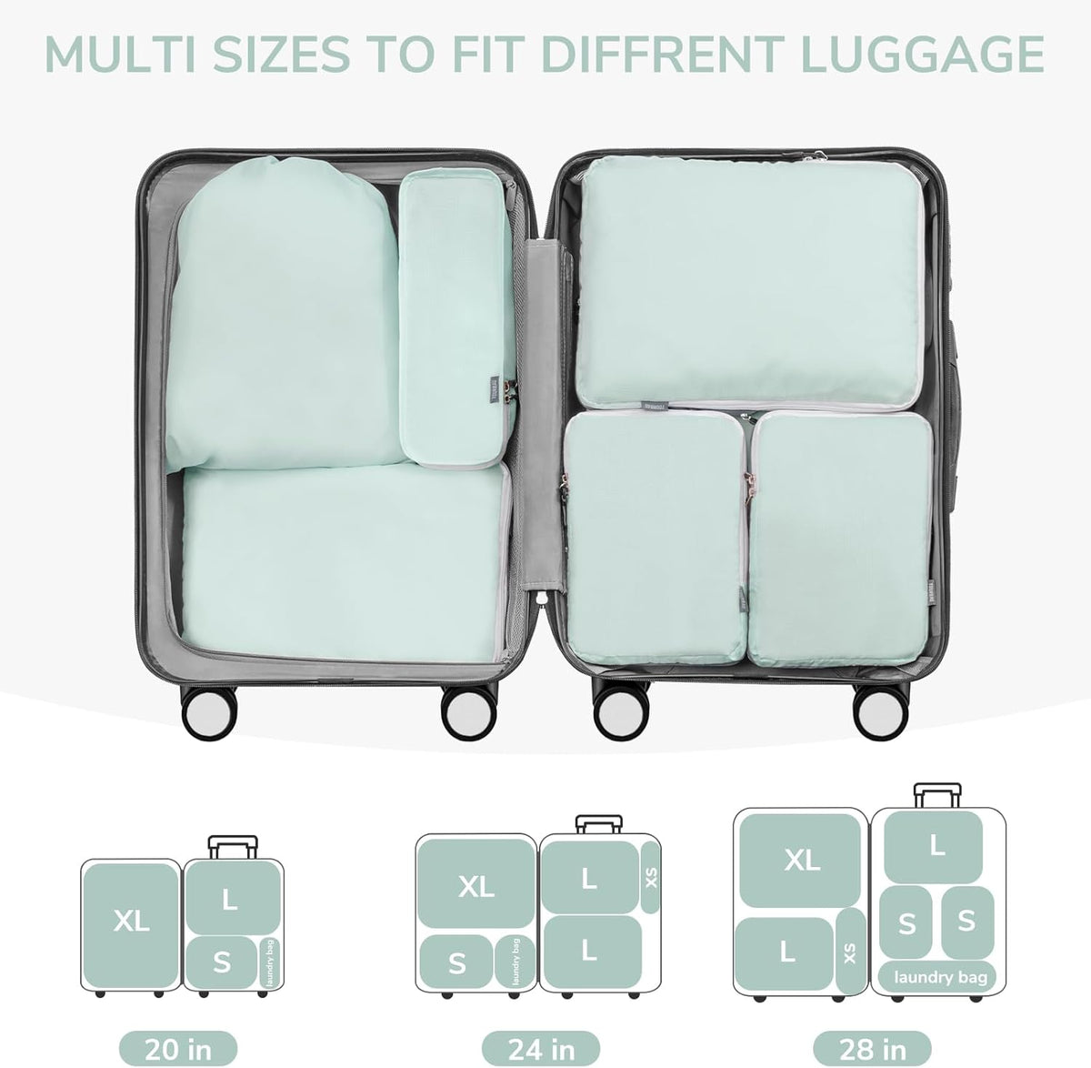 CherryNow Compression Packing Cubes, 7 Set Packing Cubes Compression, Travel Essentials, Travel Organizer for Shoes, Clothing, Grey