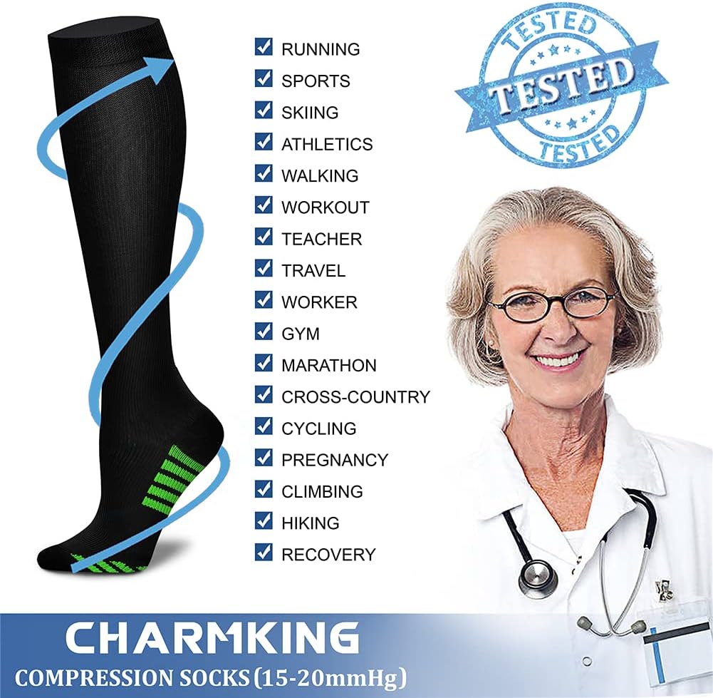 CHARMKING Compression Socks for Women & Men Circulation (8 Pairs) 15-20 mmHg Best Calf Socks Support for Athletic Cycling - Colors A