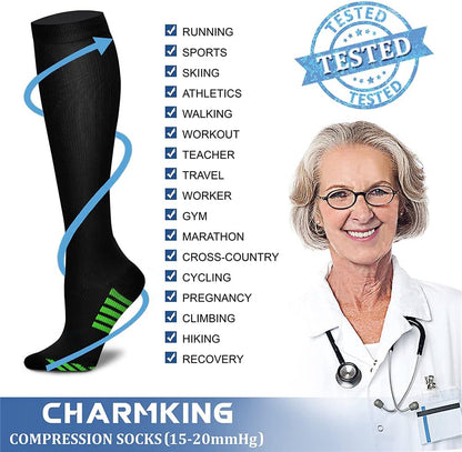 CHARMKING Compression Socks for Women & Men Circulation (8 Pairs) 15-20 mmHg Best Calf Socks Support for Athletic Cycling - Colors A