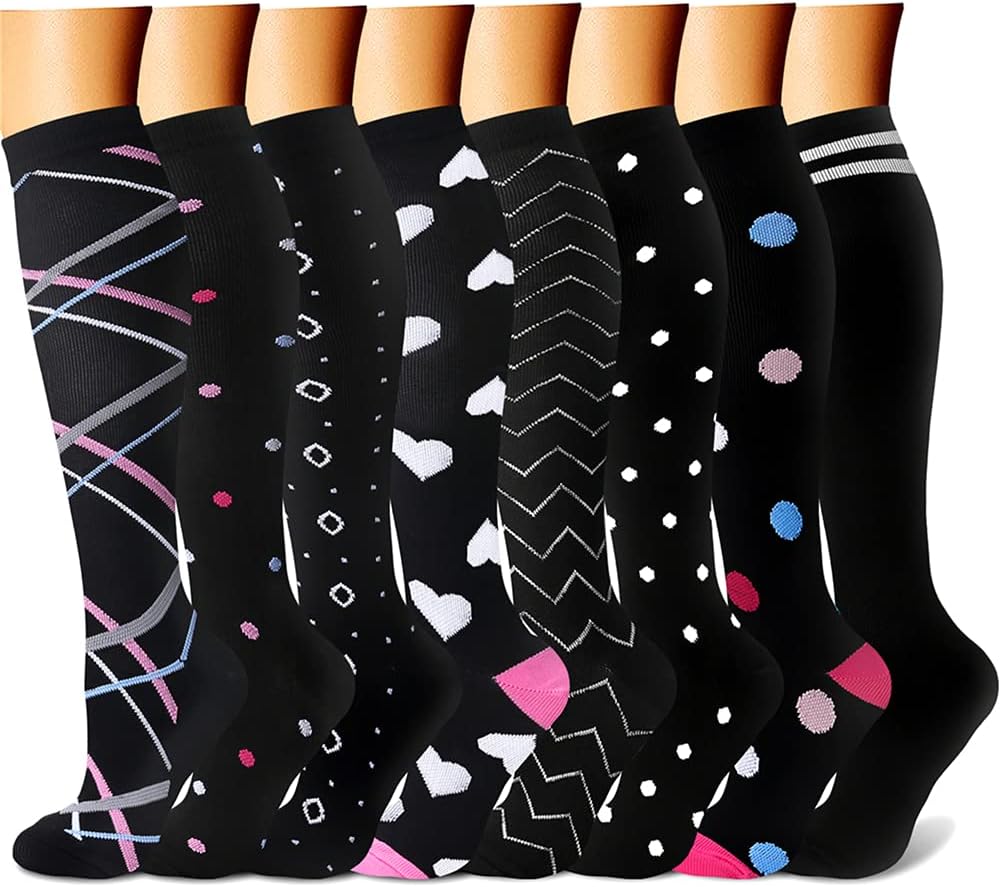 CHARMKING Compression Socks for Women & Men Circulation (8 Pairs) 15-20 mmHg Best Calf Socks Support for Athletic Cycling - Colors B