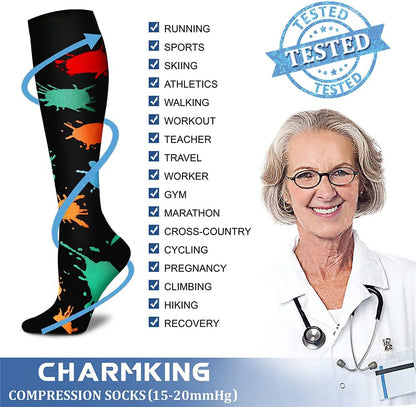 CHARMKING Compression Socks for Women & Men Circulation (8 Pairs) 15-20 mmHg Best Calf Socks Support for Athletic Cycling - Colors B