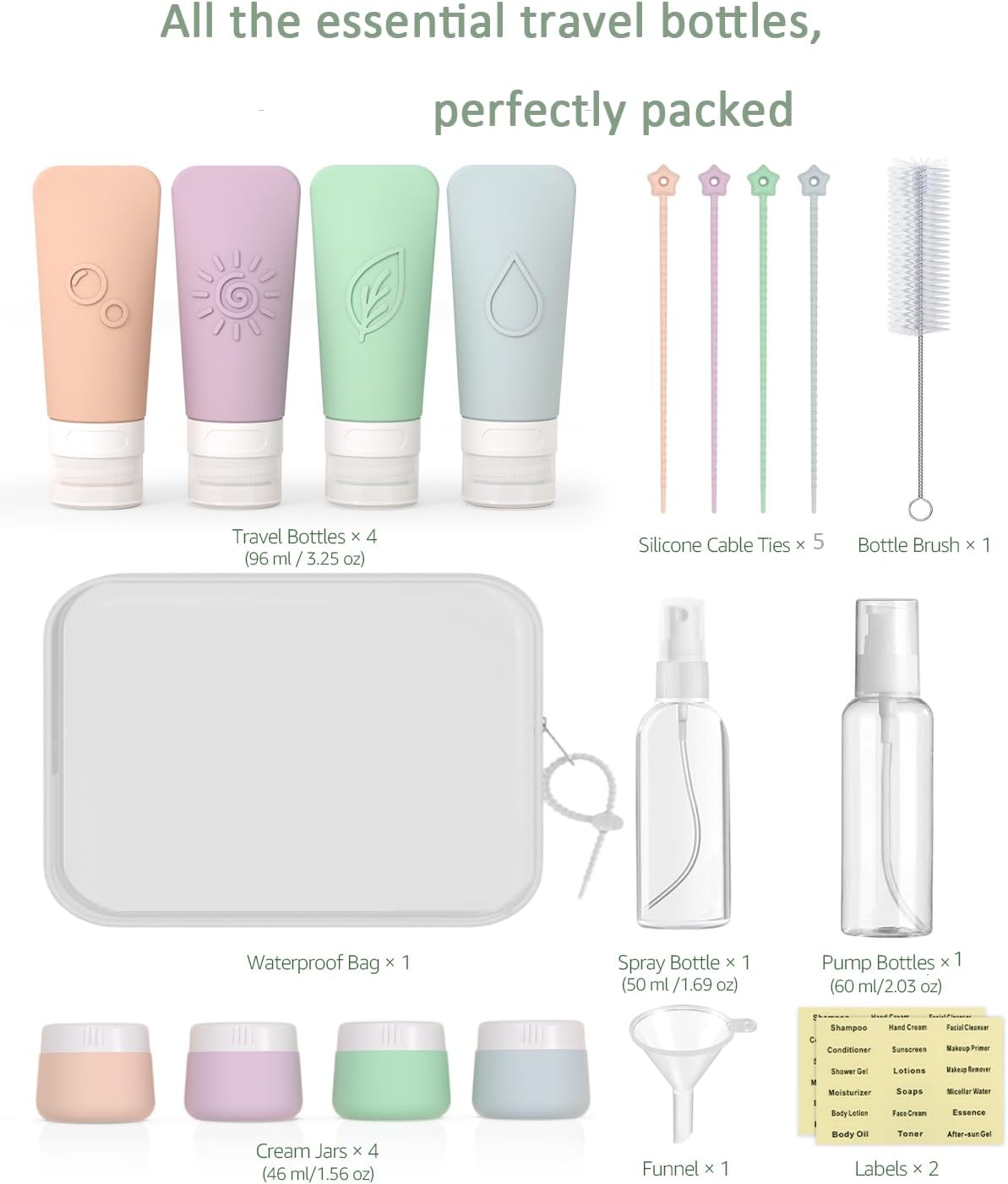 16-Piece Silicone Travel Bottles Set – TSA Approved Leakproof Toiletry Kit with Flat Easy-Squeeze Bottles, Pump & Spray, Waterproof Bag