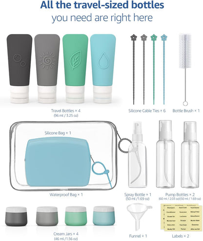 16-Piece Silicone Travel Bottles Set – TSA Approved Leakproof Toiletry Kit with Flat Easy-Squeeze Bottles, Pump & Spray, Waterproof Bag