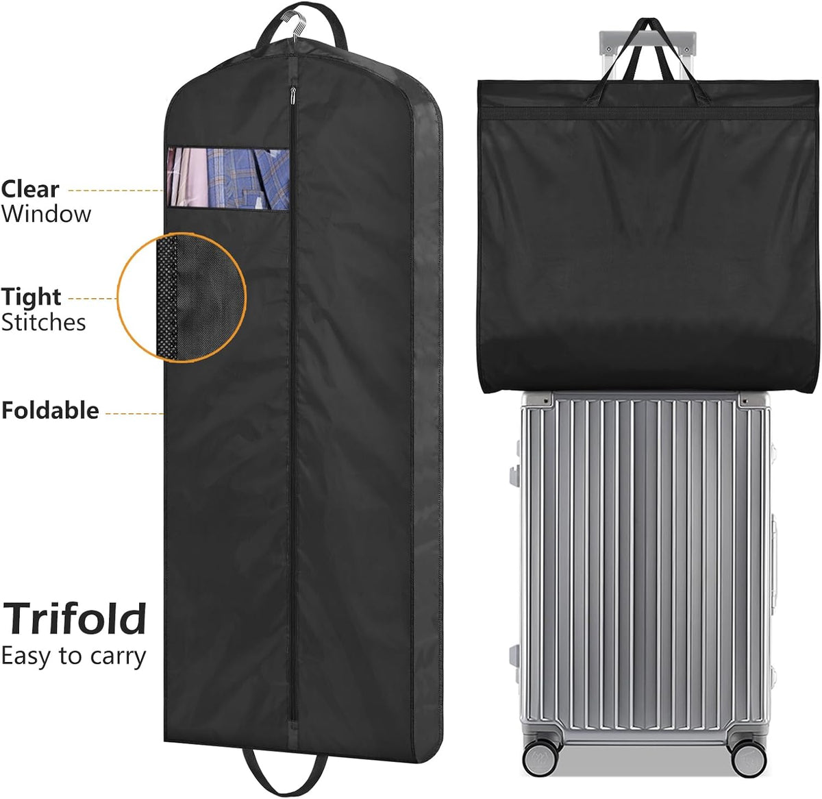 MISSLO 65" Long Garment Bags for Travel Dress Bags for Hanging Clothes 2 Packs Wedding Dress Cover Waterproof Clothes Protector for Closet Storage for Gowns, Tuxedos, Coats, Black