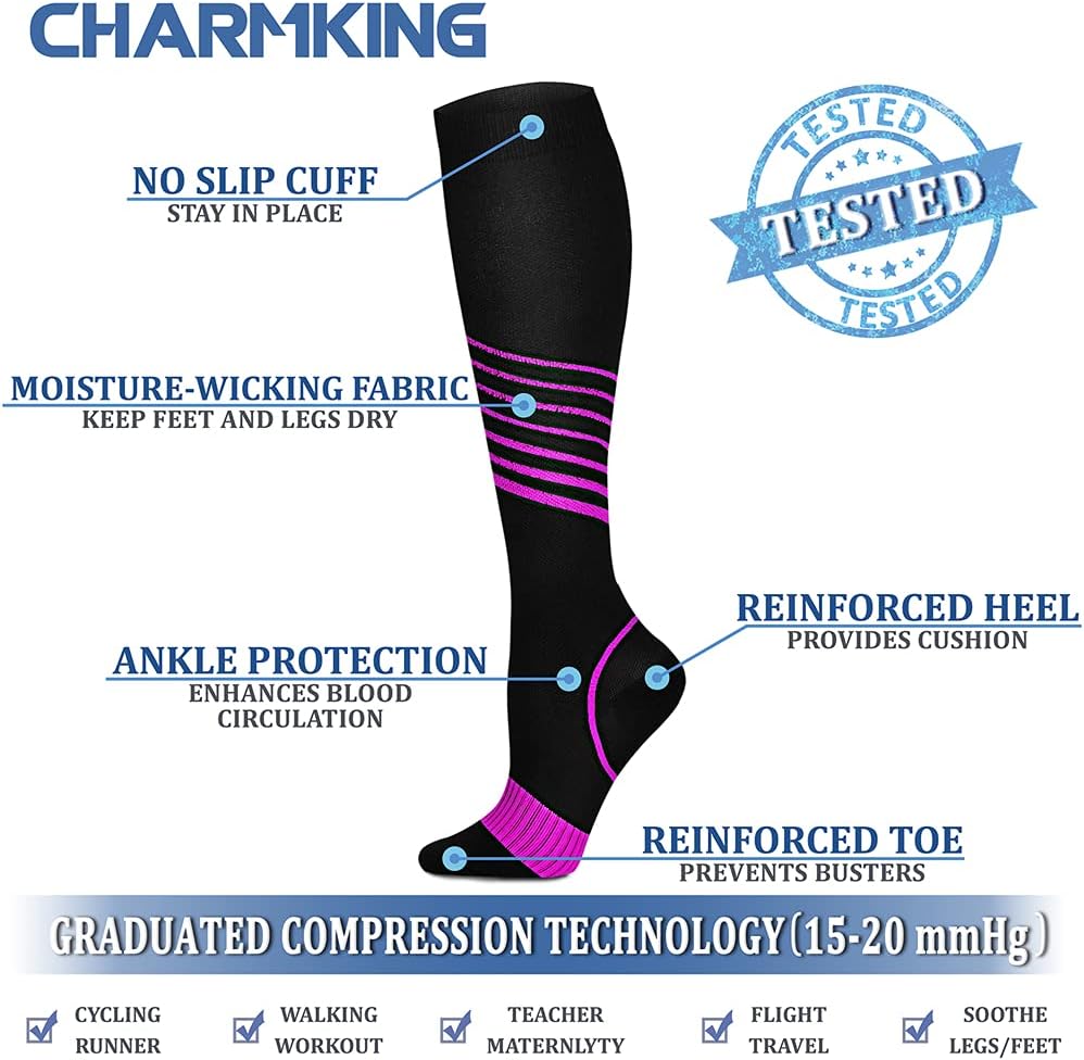 CHARMKING Compression Socks for Women & Men Circulation (8 Pairs) 15-20 mmHg Best Calf Socks Support for Athletic Cycling - Colors A