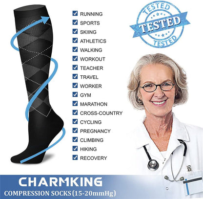 CHARMKING Compression Socks for Women & Men Circulation (8 Pairs) 15-20 mmHg Best Calf Socks Support for Athletic Cycling - Colors A