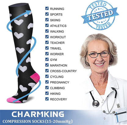 CHARMKING Compression Socks for Women & Men Circulation (8 Pairs) 15-20 mmHg Best Calf Socks Support for Athletic Cycling - Colors B