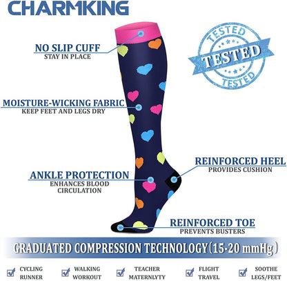 CHARMKING Compression Socks for Women & Men Circulation (8 Pairs) 15-20 mmHg Best Calf Socks Support for Athletic Cycling - Colors B