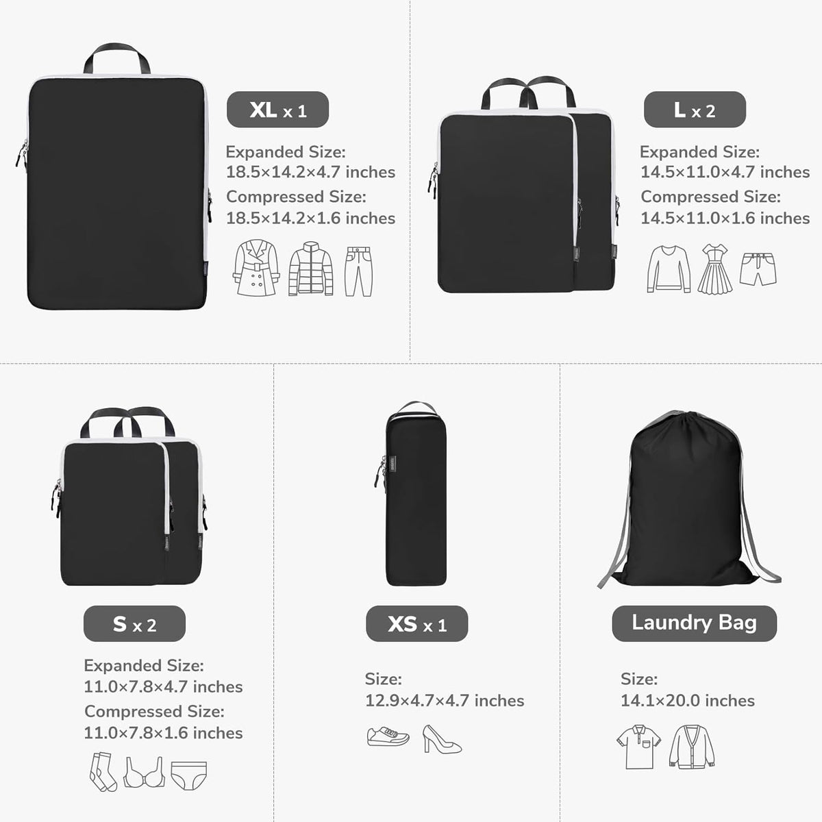 CherryNow Compression Packing Cubes, 7 Set Packing Cubes Compression, Travel Essentials, Travel Organizer for Shoes, Clothing, Grey