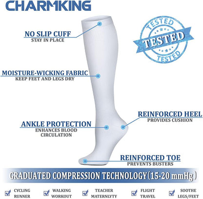 CHARMKING Compression Socks for Women & Men Circulation (8 Pairs) 15-20 mmHg Best Calf Socks Support for Athletic Cycling - Colors B