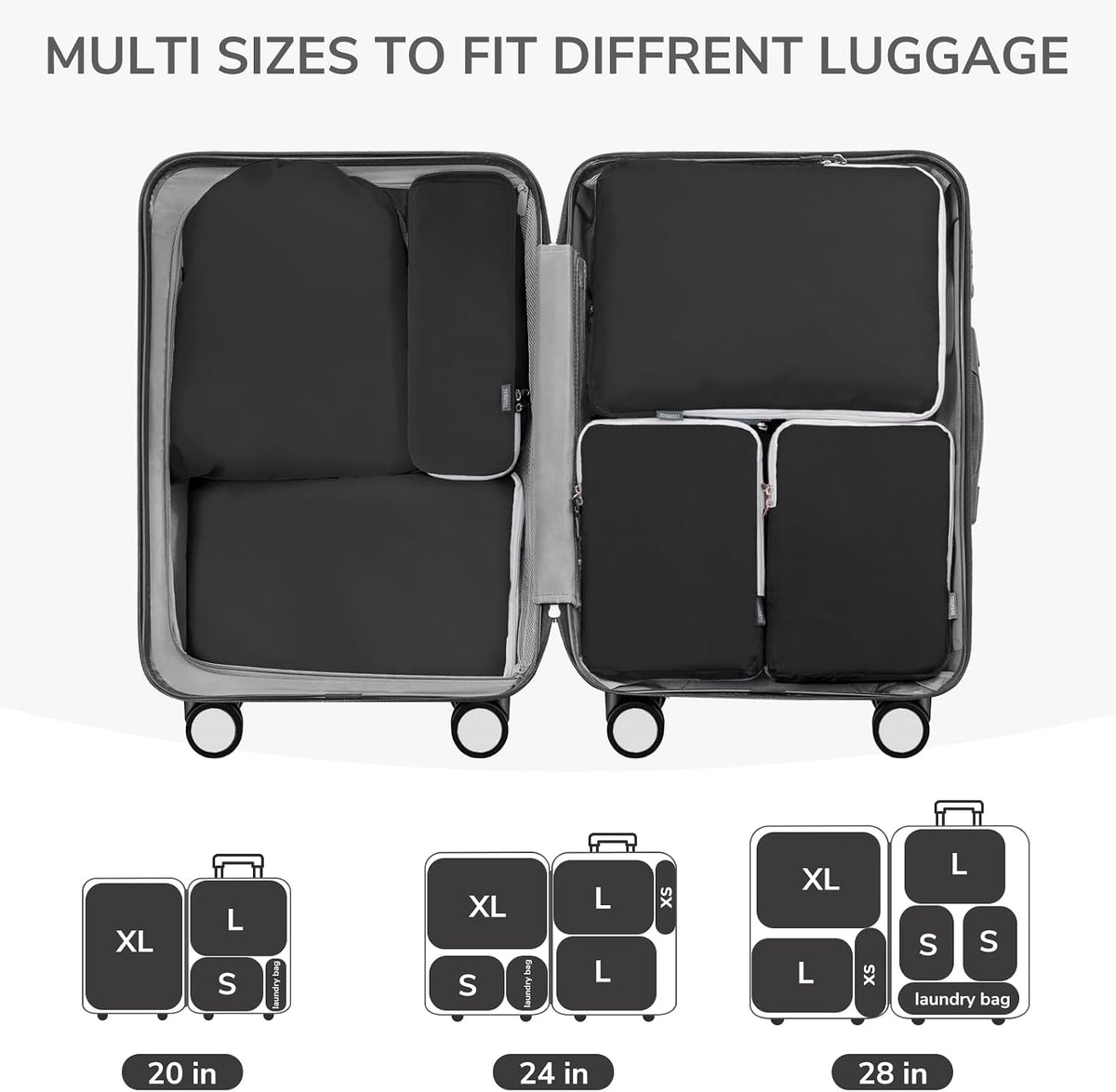 CherryNow Compression Packing Cubes, 7 Set Packing Cubes Compression, Travel Essentials, Travel Organizer for Shoes, Clothing, Grey