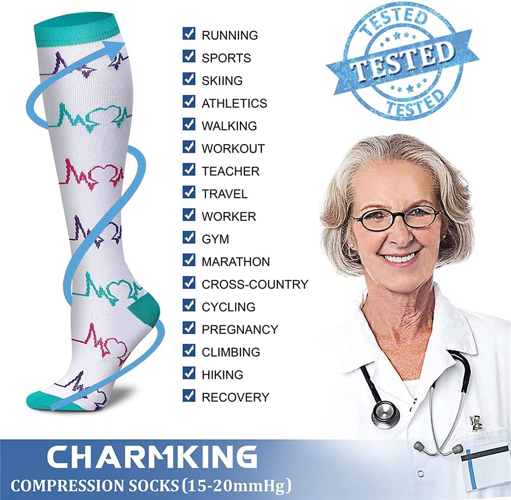 CHARMKING Compression Socks for Women & Men Circulation (8 Pairs) 15-20 mmHg Best Calf Socks Support for Athletic Cycling - Colors A