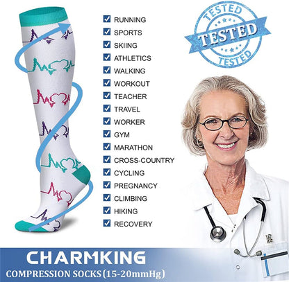 CHARMKING Compression Socks for Women & Men Circulation (8 Pairs) 15-20 mmHg Best Calf Socks Support for Athletic Cycling - Colors A