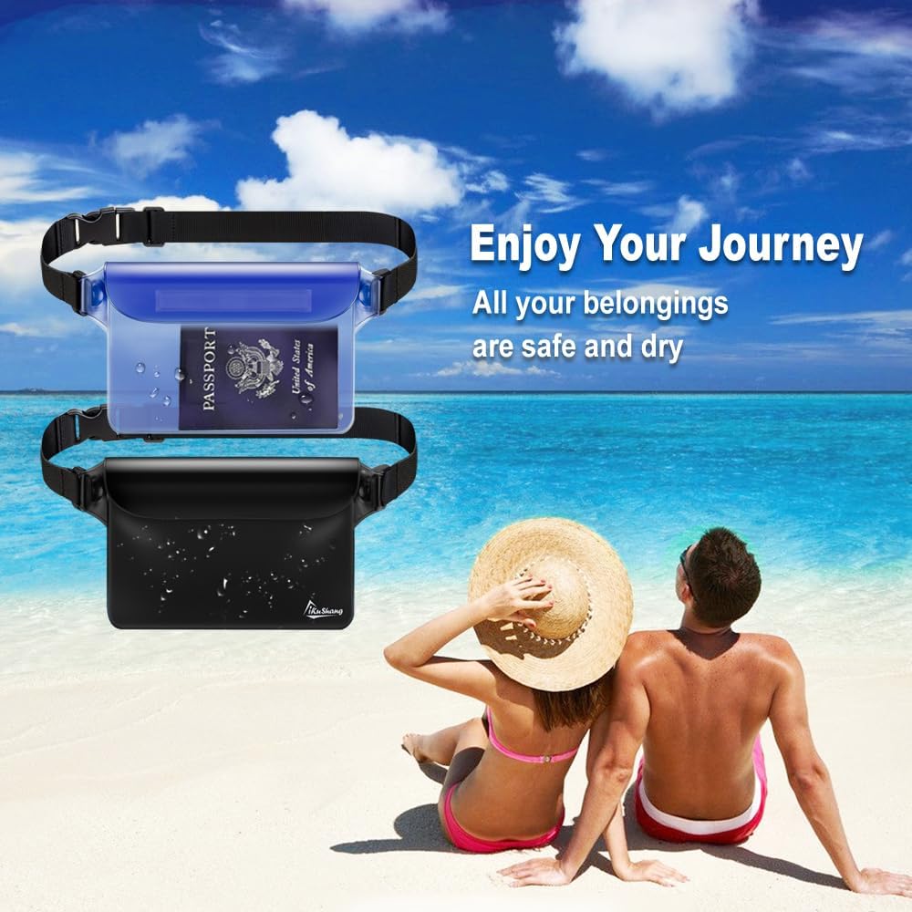 Waterproof Fanny Pack Phone Pouch - 32FT Submersible Triple Zip Lock Dry Bag, Touchscreen Passport Wallet Travel Pouch for Beach Cruise Swimming Kayaking Boating Essentials