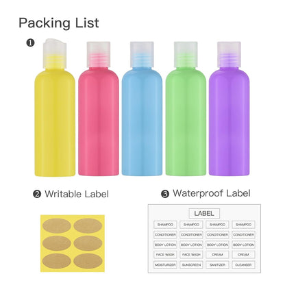 Travel Bottles for Toiletries 3.4 oz TSA Approved - 5 Pack Leak Proof Travel Size Containers, Clear Squeezable Plastic Bottles with Labels for Shampoo Lotion, Flight Cruise Gym Essentials