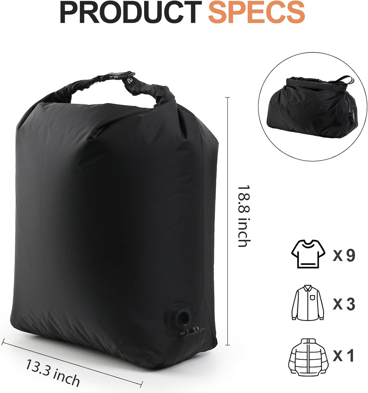 Travel Laundry Bag, Pump Free Vacuum Compression Dirty Clothes Bag Reusable Wet Dry Bags Large Capacity Space Saver Bags Camp Washable Clothes Organizer for Sports Dorm Laundromat (1 Pcs) (Black, M)
