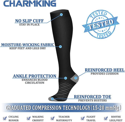 CHARMKING Compression Socks for Women & Men Circulation (8 Pairs) 15-20 mmHg Best Calf Socks Support for Athletic Cycling - Colors B