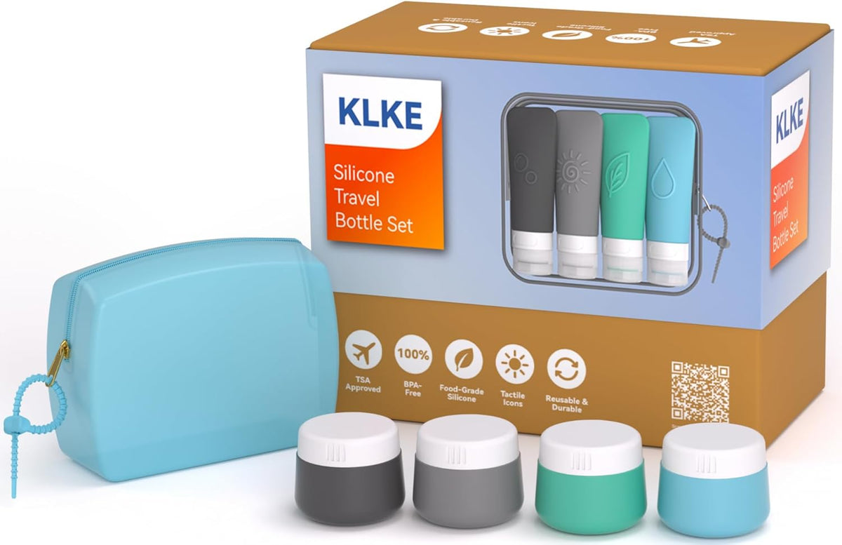 16-Piece Silicone Travel Bottles Set – TSA Approved Leakproof Toiletry Kit with Flat Easy-Squeeze Bottles, Pump & Spray, Waterproof Bag