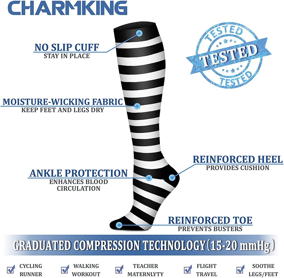 CHARMKING Compression Socks for Women & Men Circulation (8 Pairs) 15-20 mmHg Best Calf Socks Support for Athletic Cycling - Colors B
