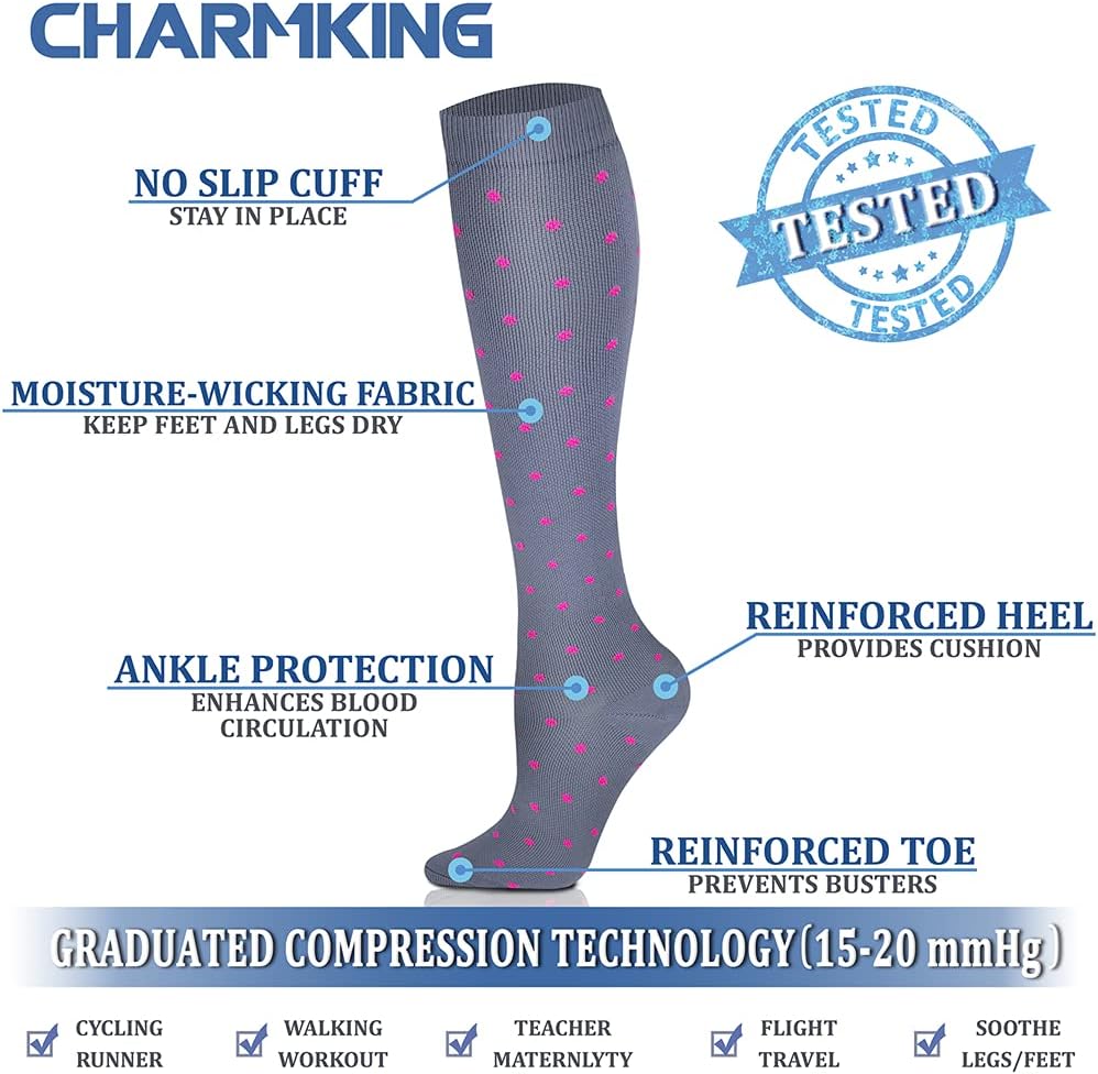 CHARMKING Compression Socks for Women & Men Circulation (8 Pairs) 15-20 mmHg Best Calf Socks Support for Athletic Cycling - Colors A