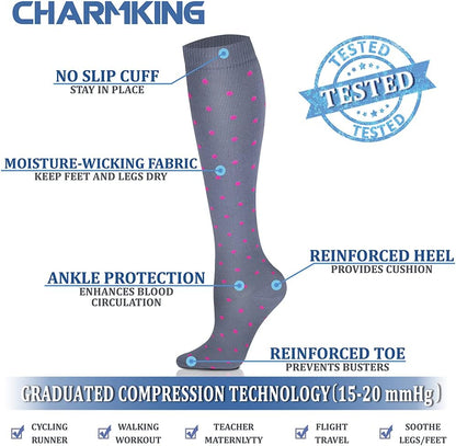 CHARMKING Compression Socks for Women & Men Circulation (8 Pairs) 15-20 mmHg Best Calf Socks Support for Athletic Cycling - Colors A
